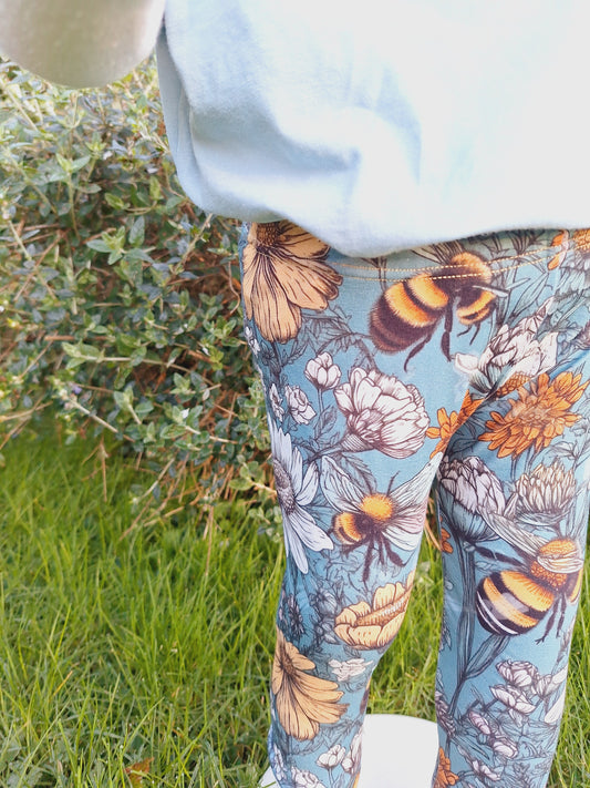Blue childrens leggings with flowers and bees