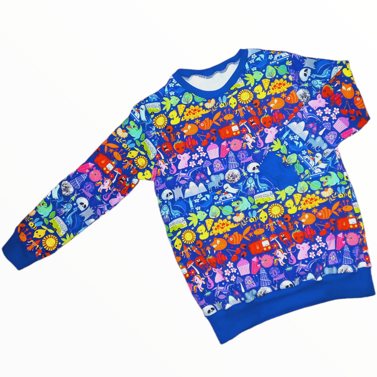 Blue childrens jumper with rainbow characters