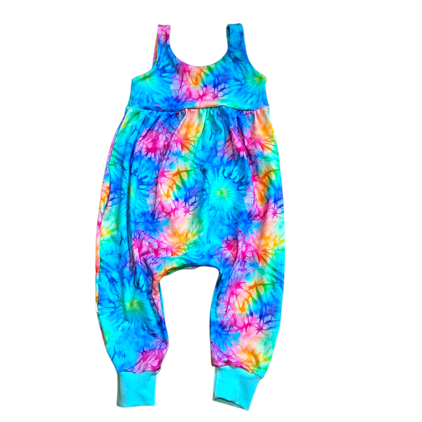 Colorful tie-dye romper for children, babies and toddlers on a white background