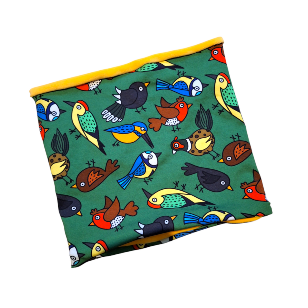 A multicolored neck gaiter with a pattern of various birds on a green background and a yellow edge.