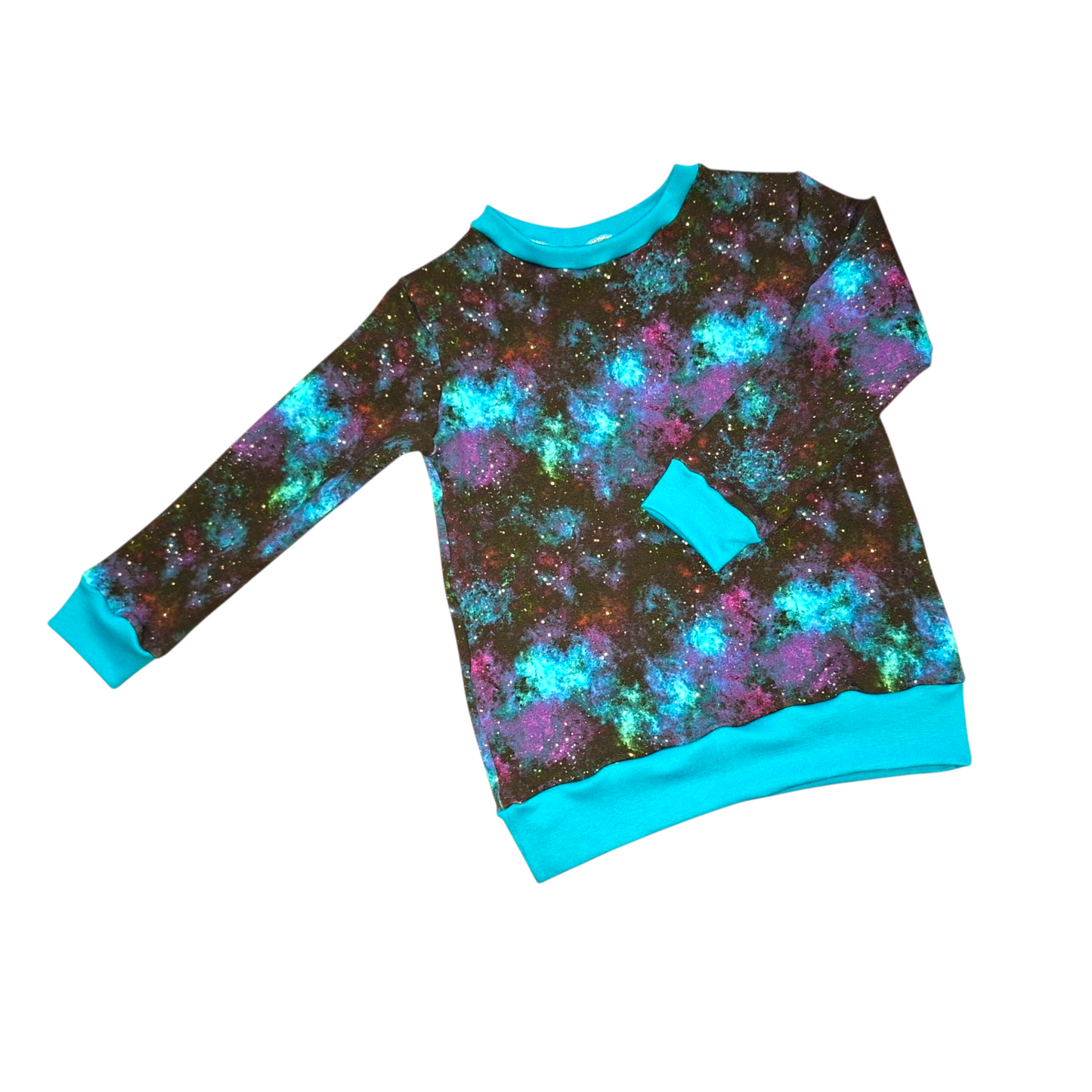 Sweatshirt with galaxy pattern and turquoise trim on a white background