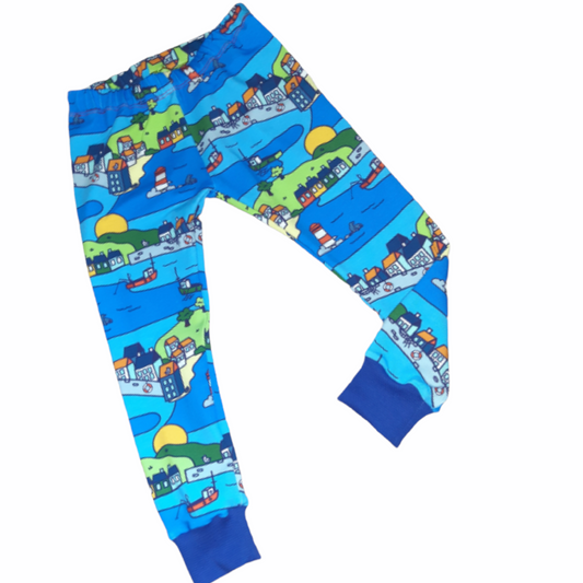 Seaside town print childrens leggings