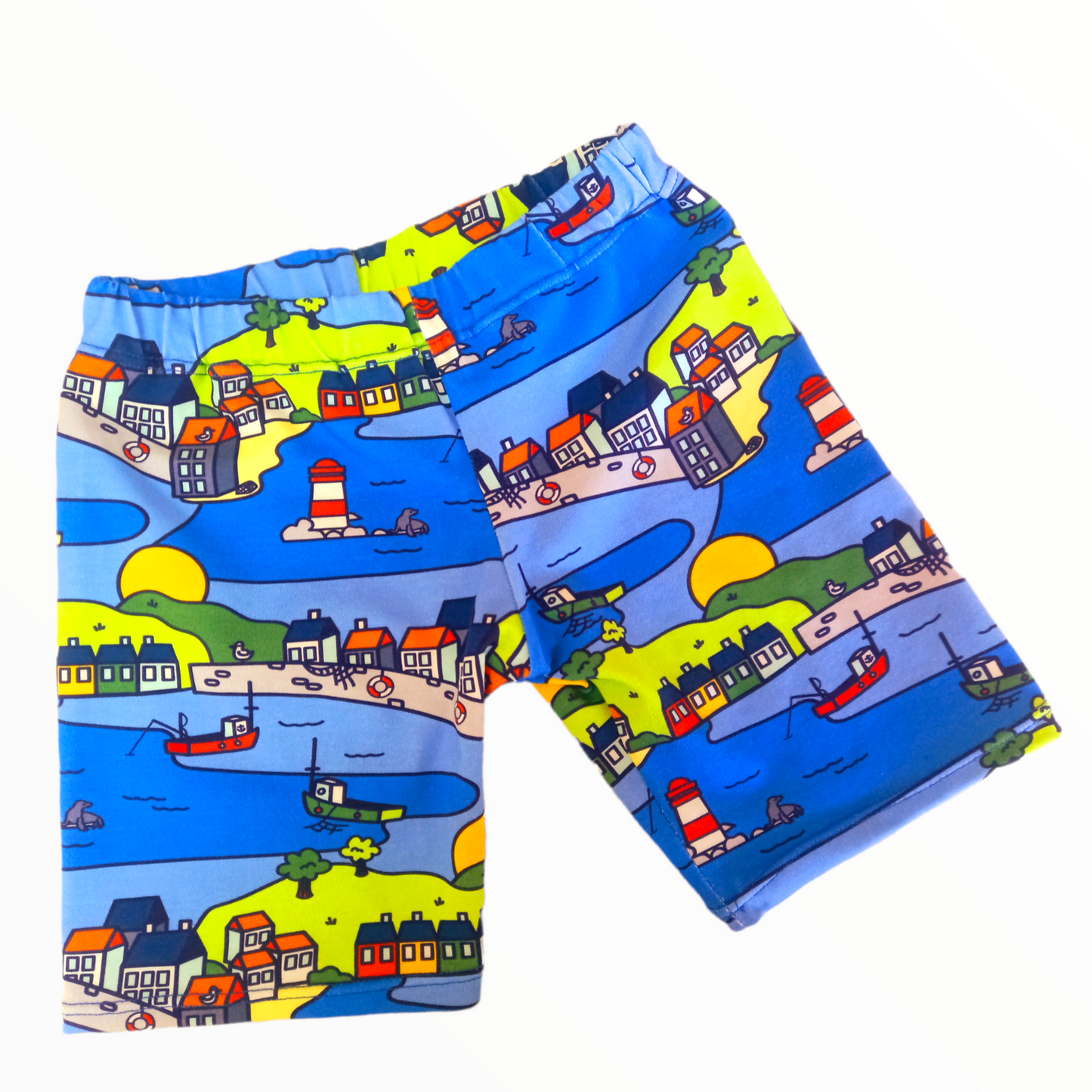 Seaside print childrens shorts, handmade in the UK for children up to age ten