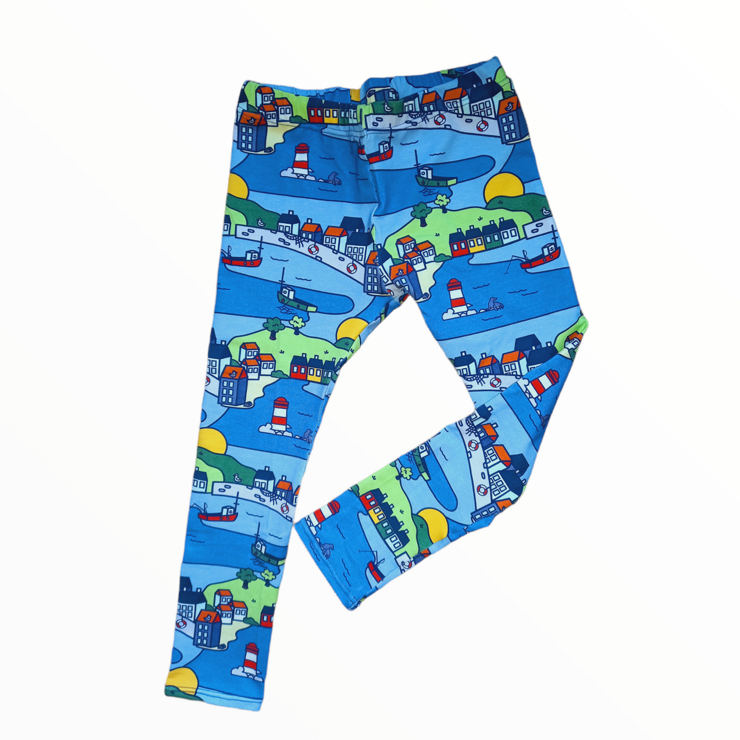 Gender free hemmed childrens leggings in a seaside print