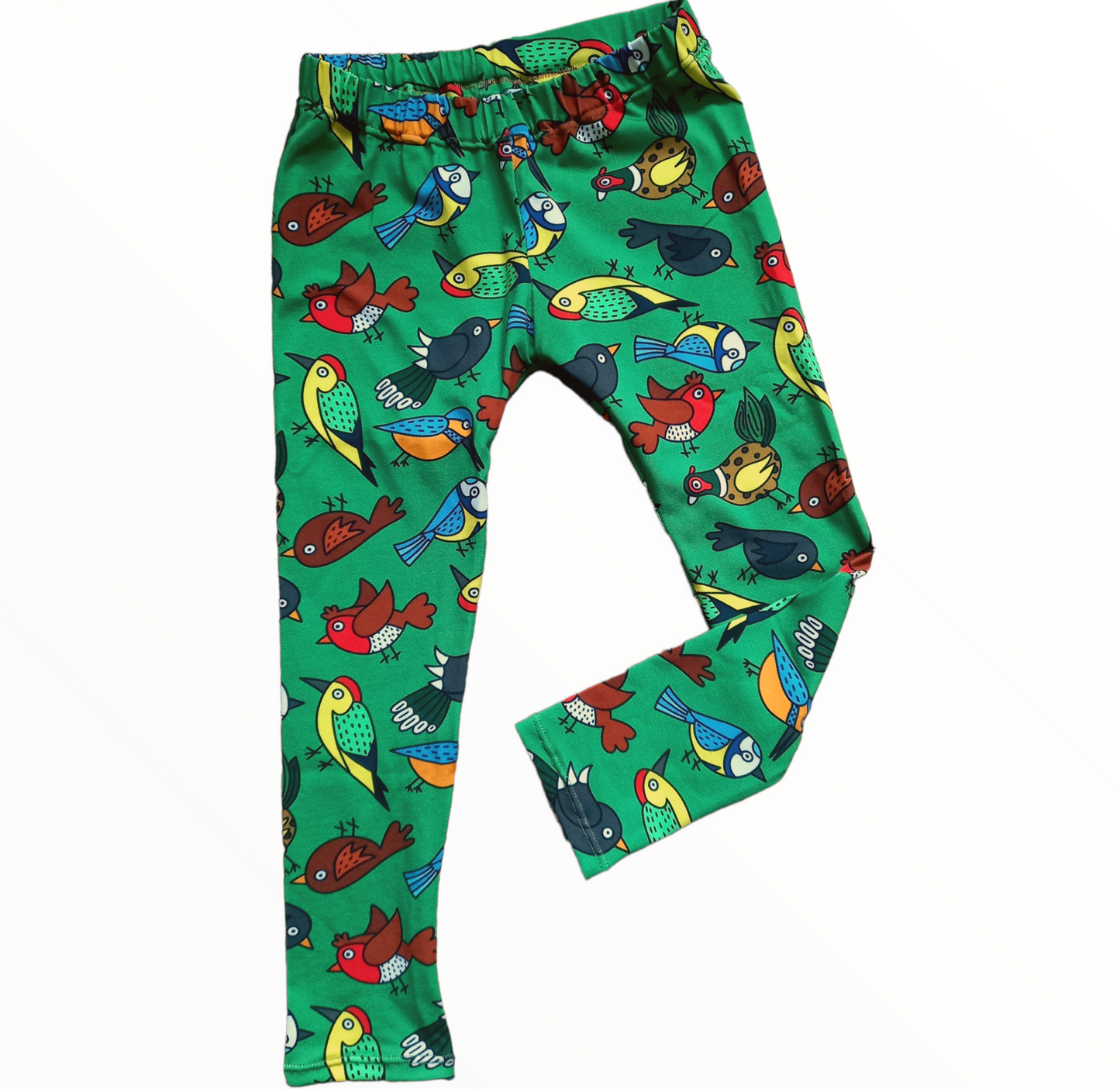 Childrens nature inspired hemmed leggings, in a green fabric designed with British garden birds
