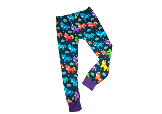brightly coloured children's leggins in a fun unicorn fabric