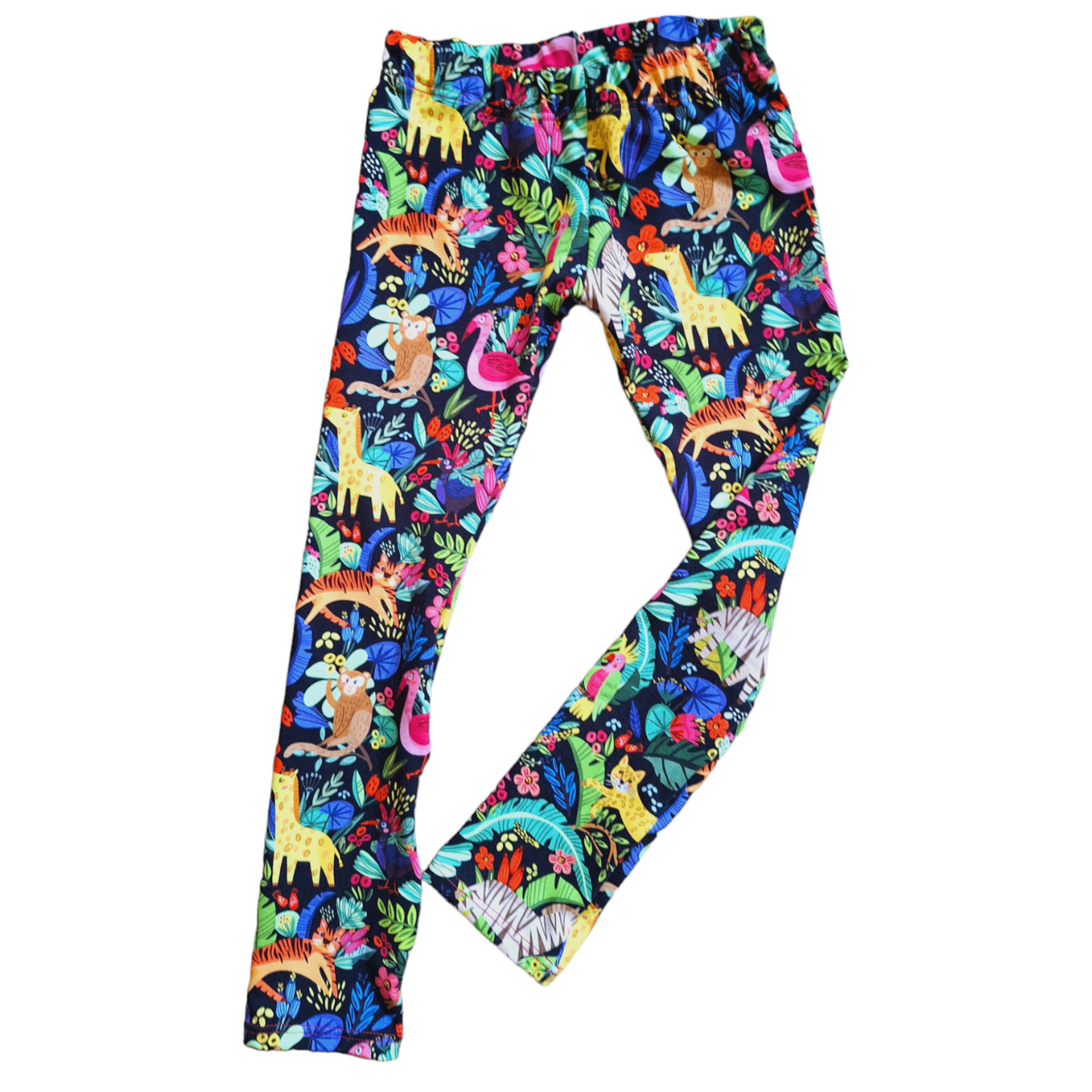 Black childrens leggings in a bright jungle animal fabric