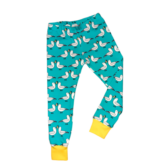 Childrens leggings in a blue fabric with seagulls