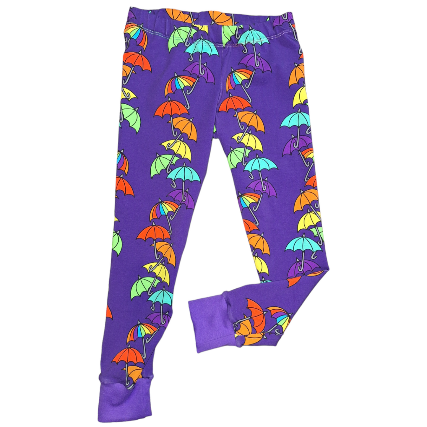 Purple childrens leggings with rainbow coloured umbrellas