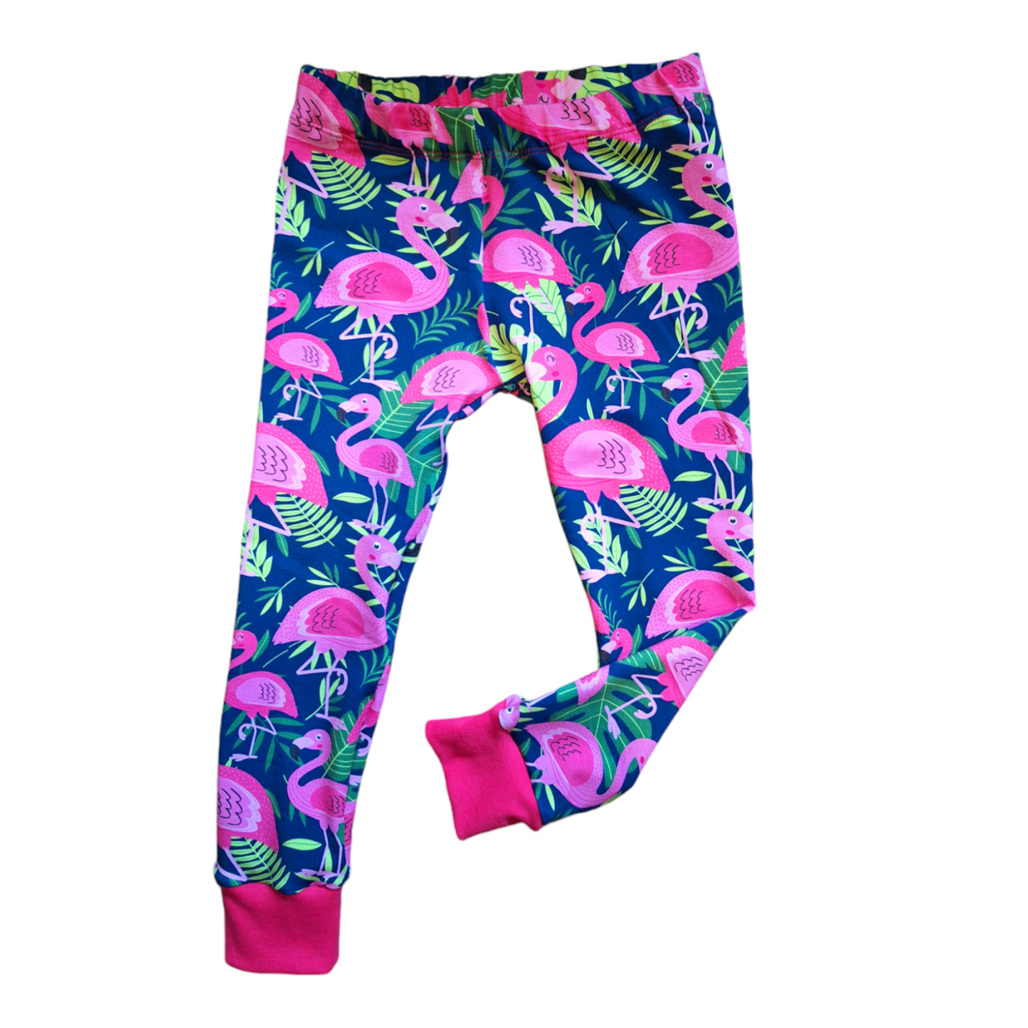 Pink flamingo print childrens leggings on a navy fabric