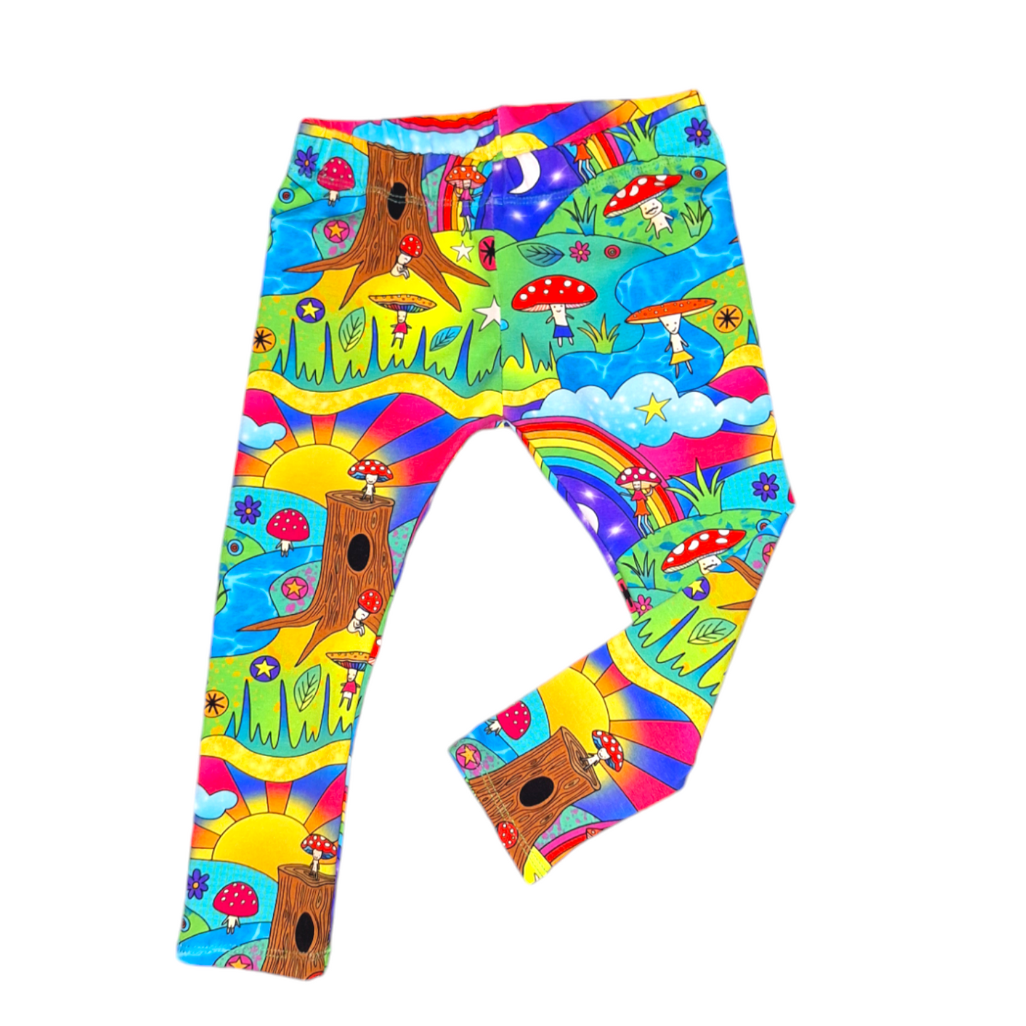 Childrens leggings in a multicolour woodland fairy fabric.