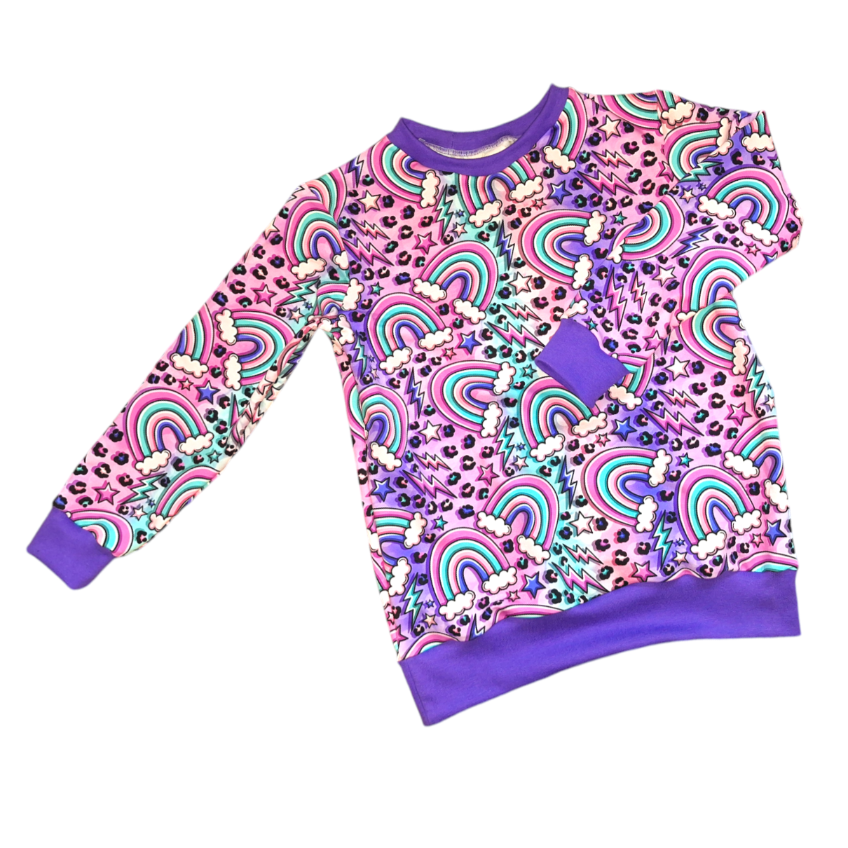 Childrens jumper in pink and purple, with a mix of leopard print and rainbows