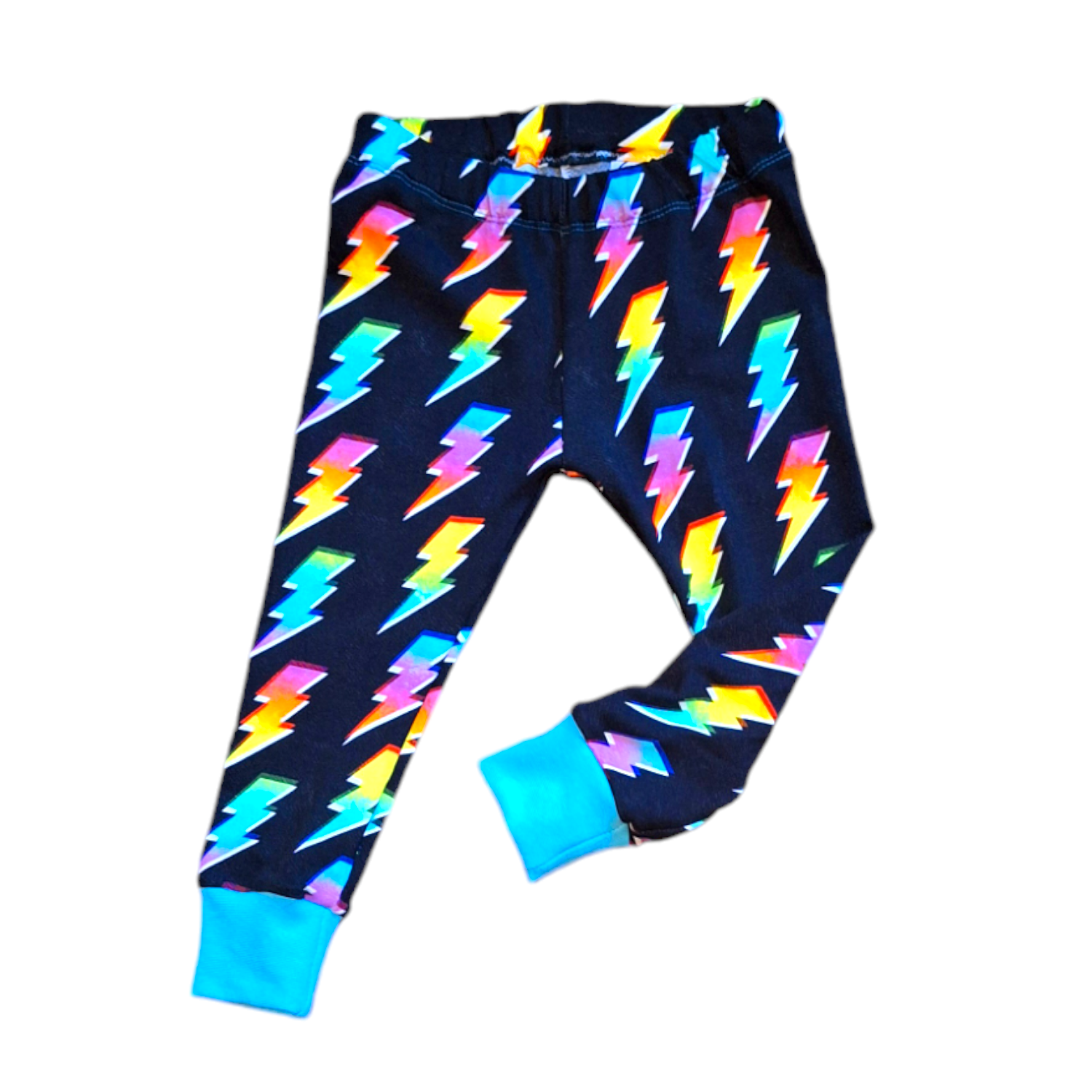 Cool leggings for boys in a black fabric and rainbow coloured lightning bolts.