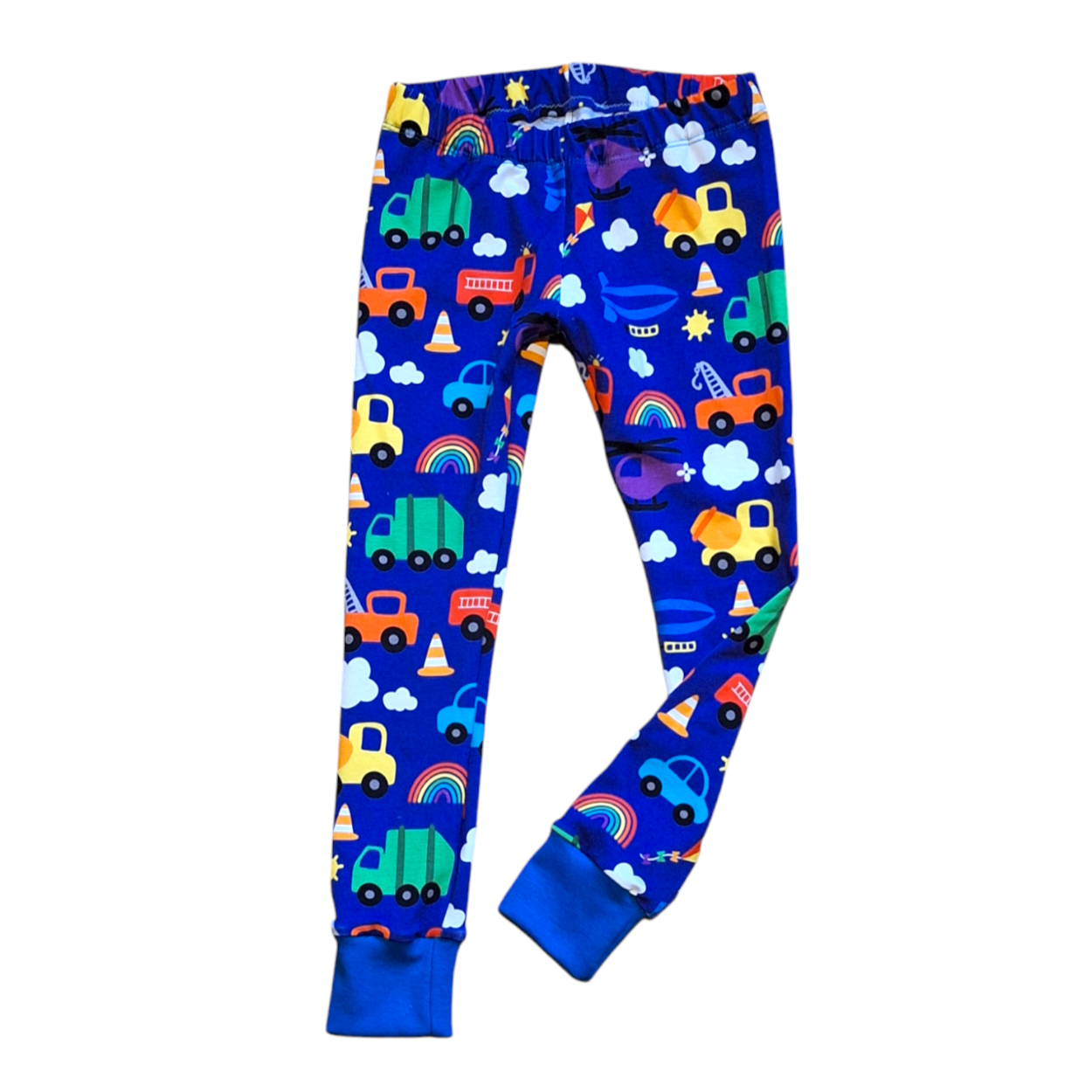 Colourful vehicle print leggings on a blue background