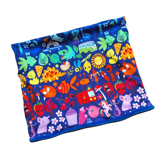 Multicoloured character snood / tube scarf on a blue background