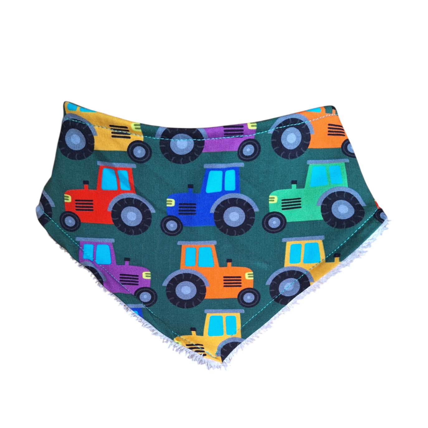 Green bib with rainbow mix of tractors