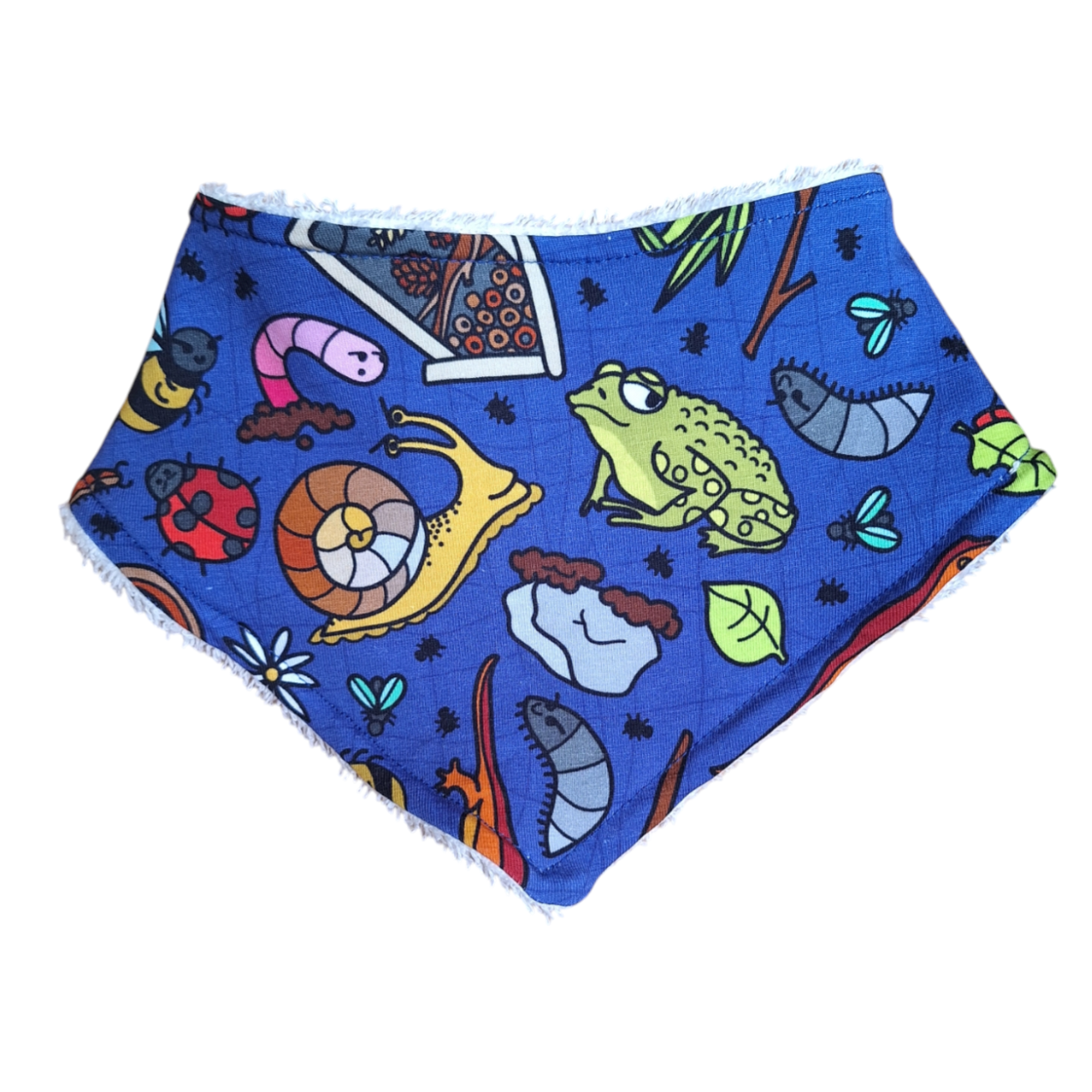 Blue dribble bib with a mix of insects and amphibians