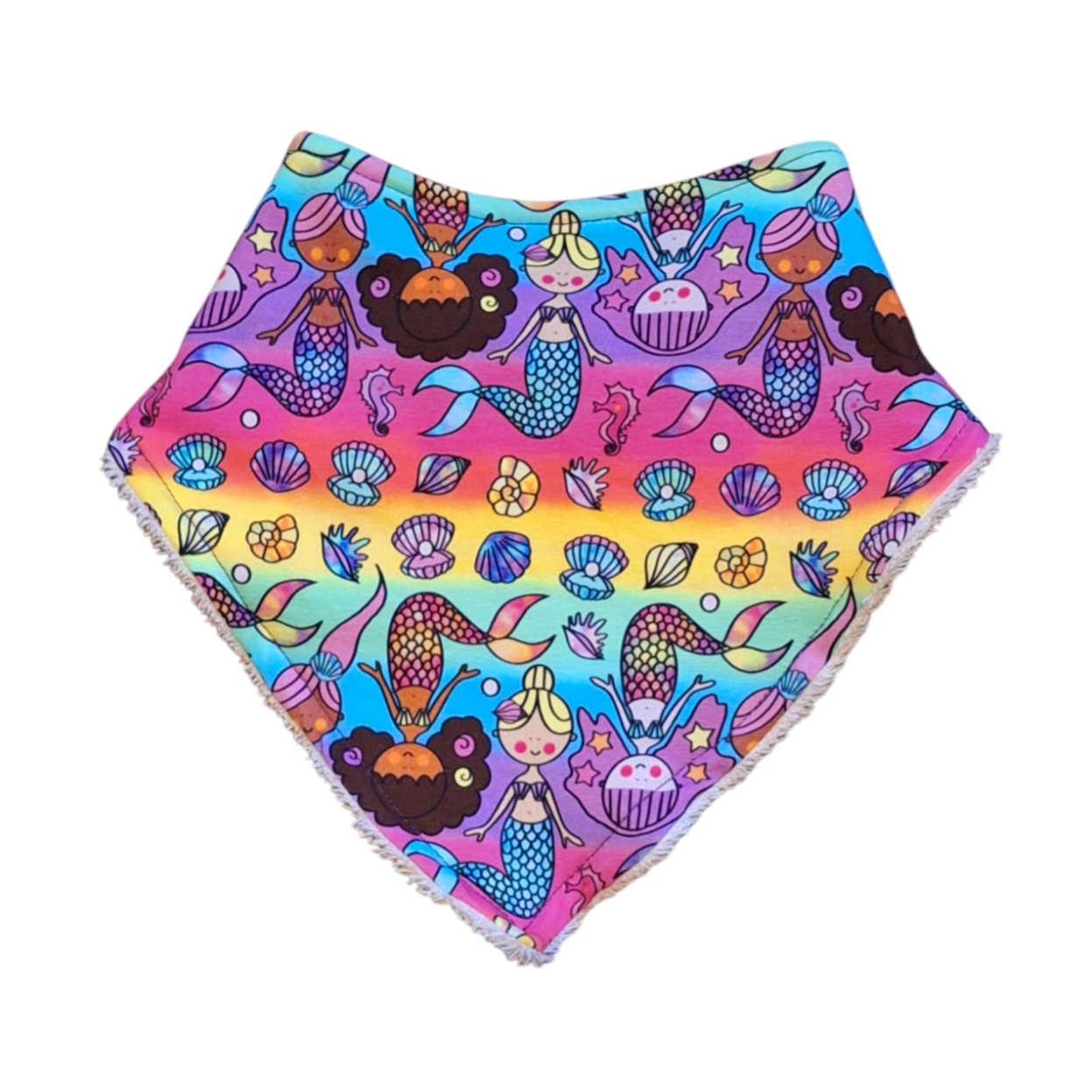 Multicoloured mermaid print childrens dribble bib in a bandana style