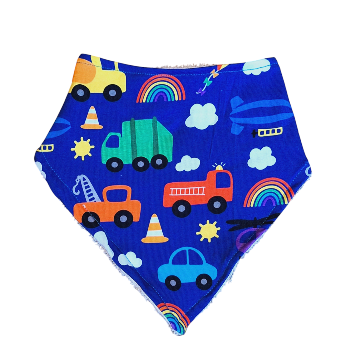 Blue bandana style dribble bit with a rainbow selection of vehicles