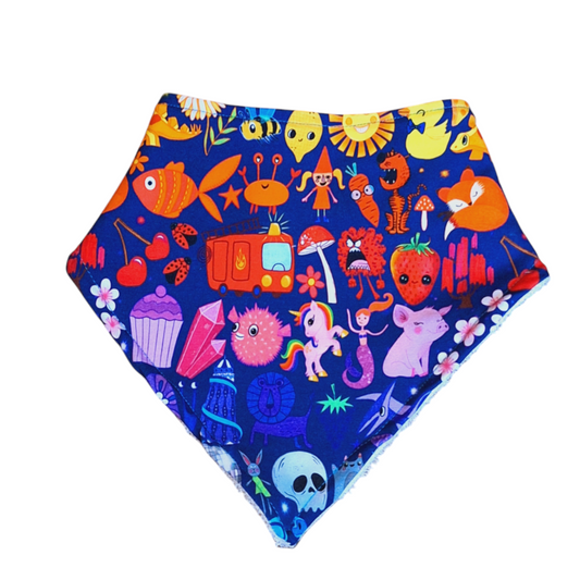 Blue dribble bib with rainbow characters
