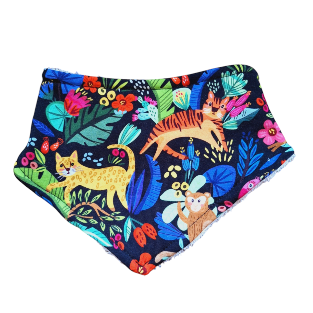 Black childrens dribble bib with brightly coloured jungle animals
