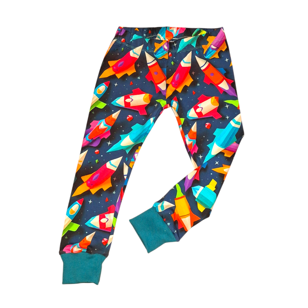 Childrens Leggings on a navy fabric with brightly coloured space rockets