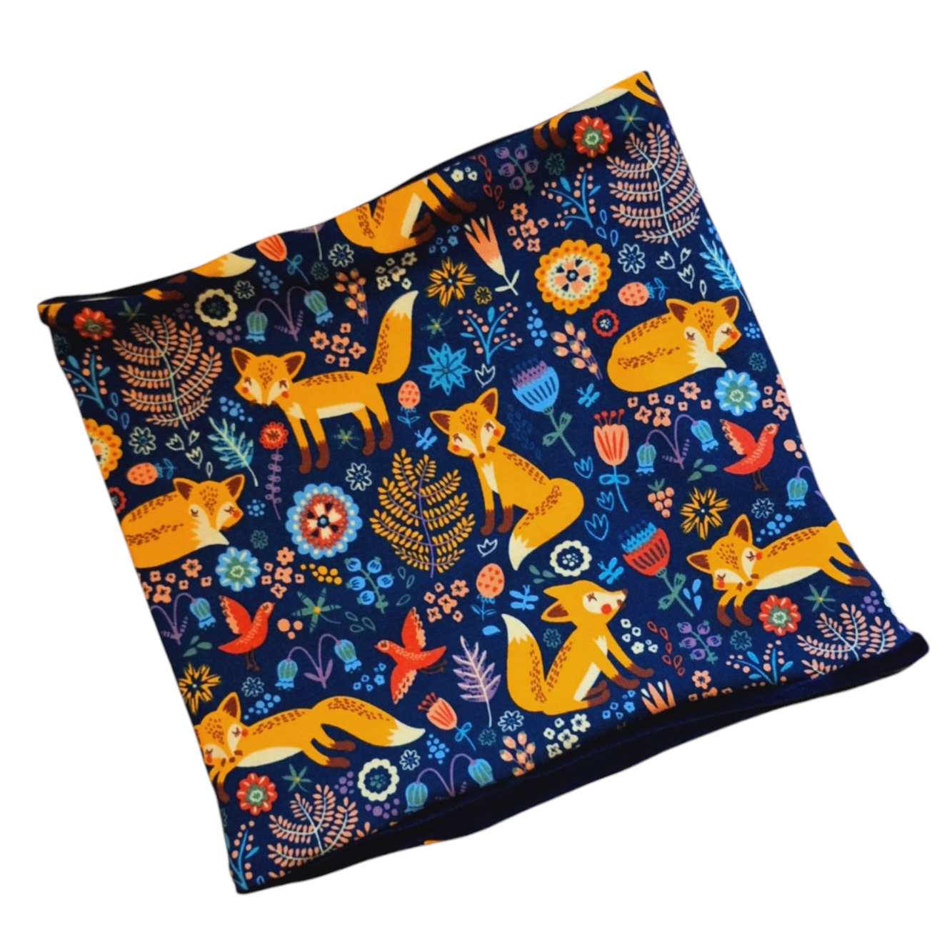 Navy blue snood with orange foxes and flowers.