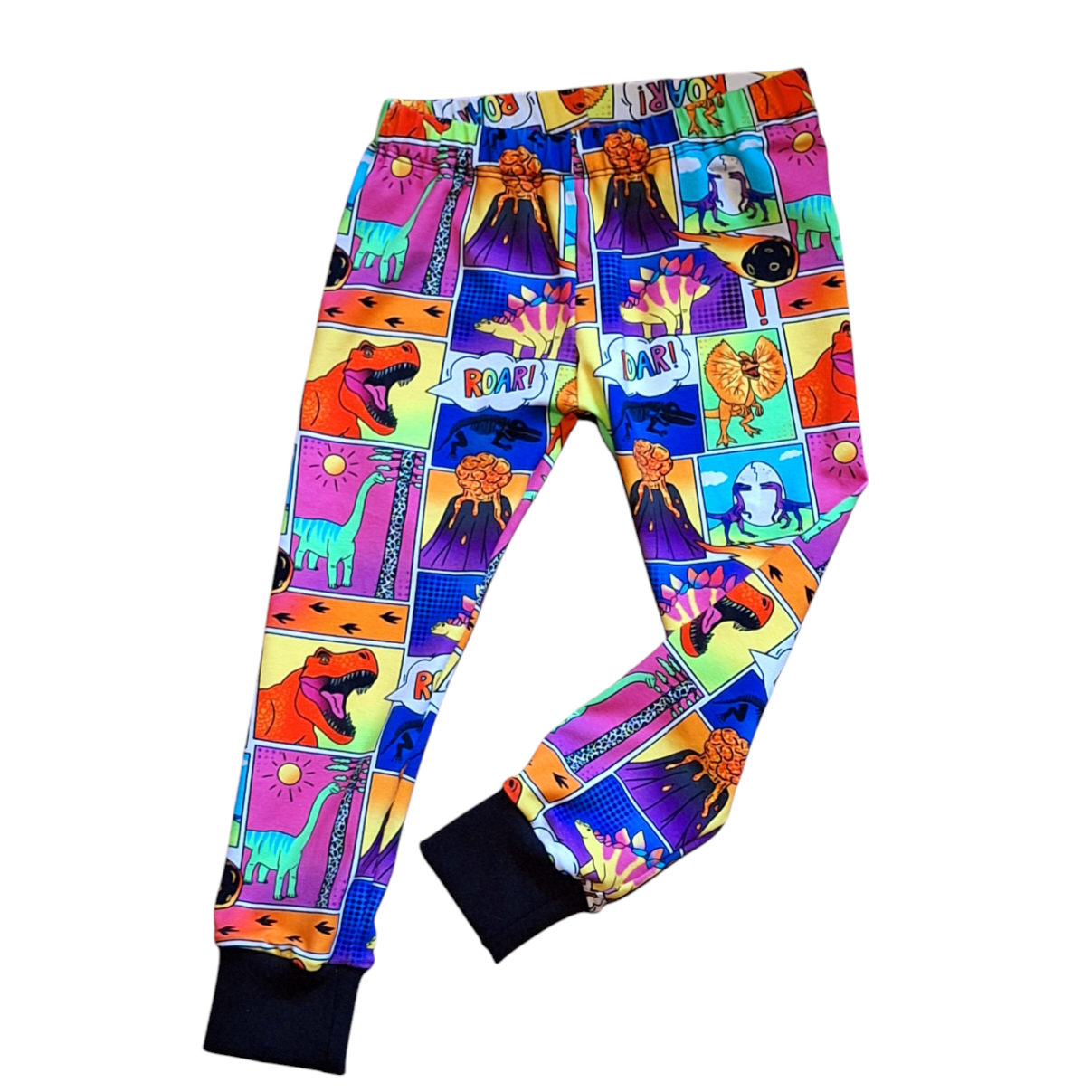 Funky kids leggings in a dinosaur comic book style. Completed with black cuffs