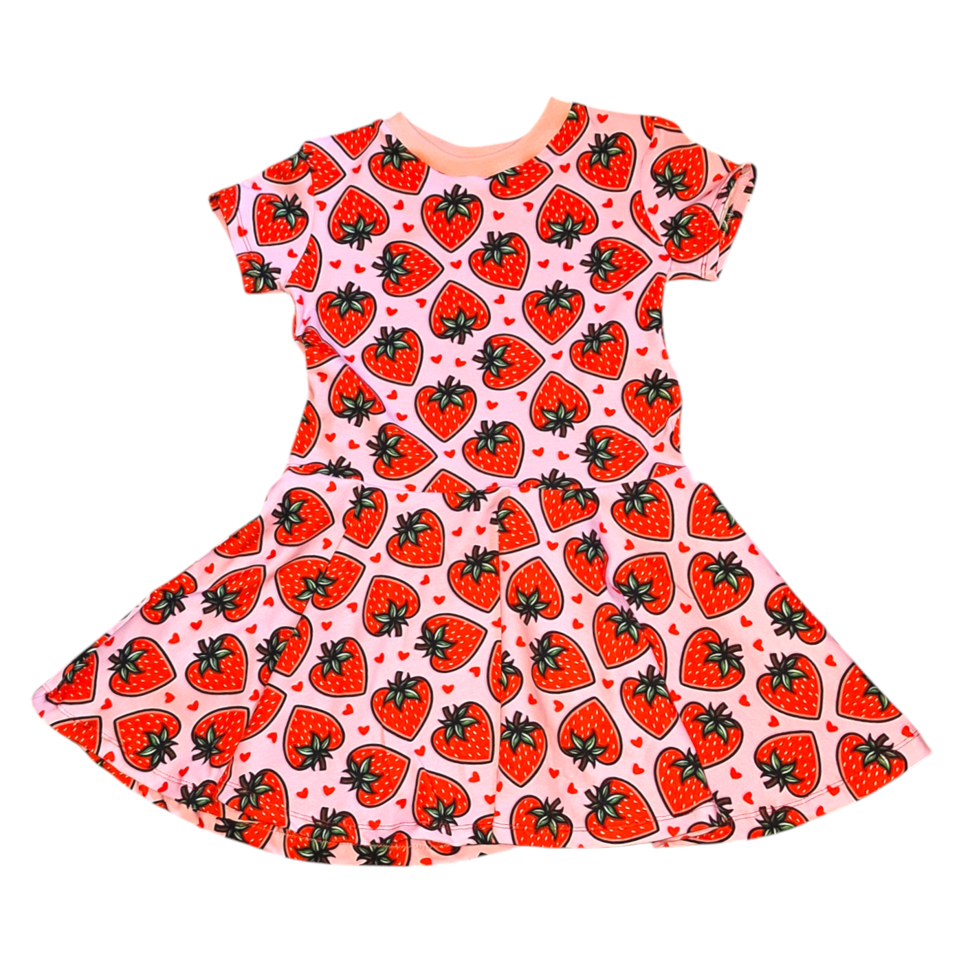 Pink childrens spin dress with red strawberry print