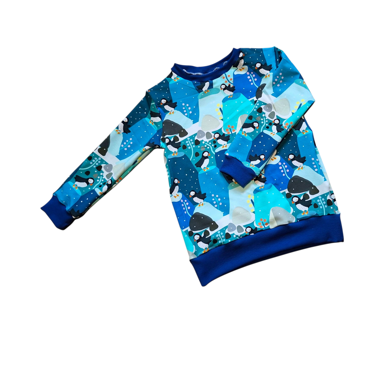 Children's sweater with blue and black puffin pattern on a white background