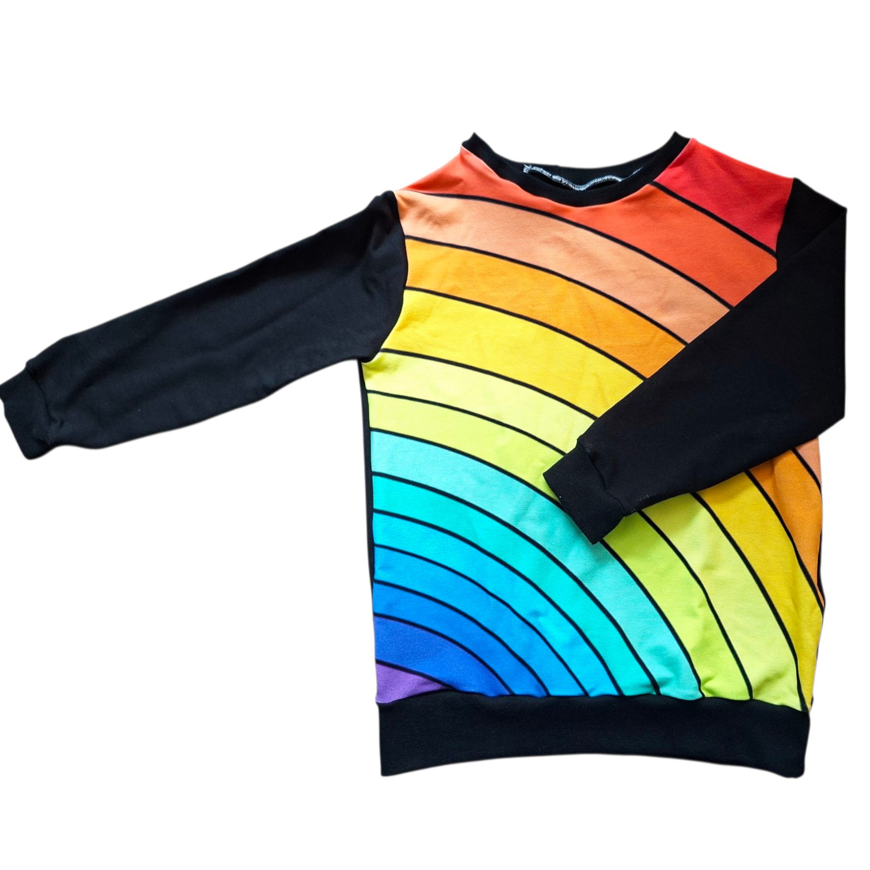 Colorful rainbow-patterned sweater with black sleeves on a white background