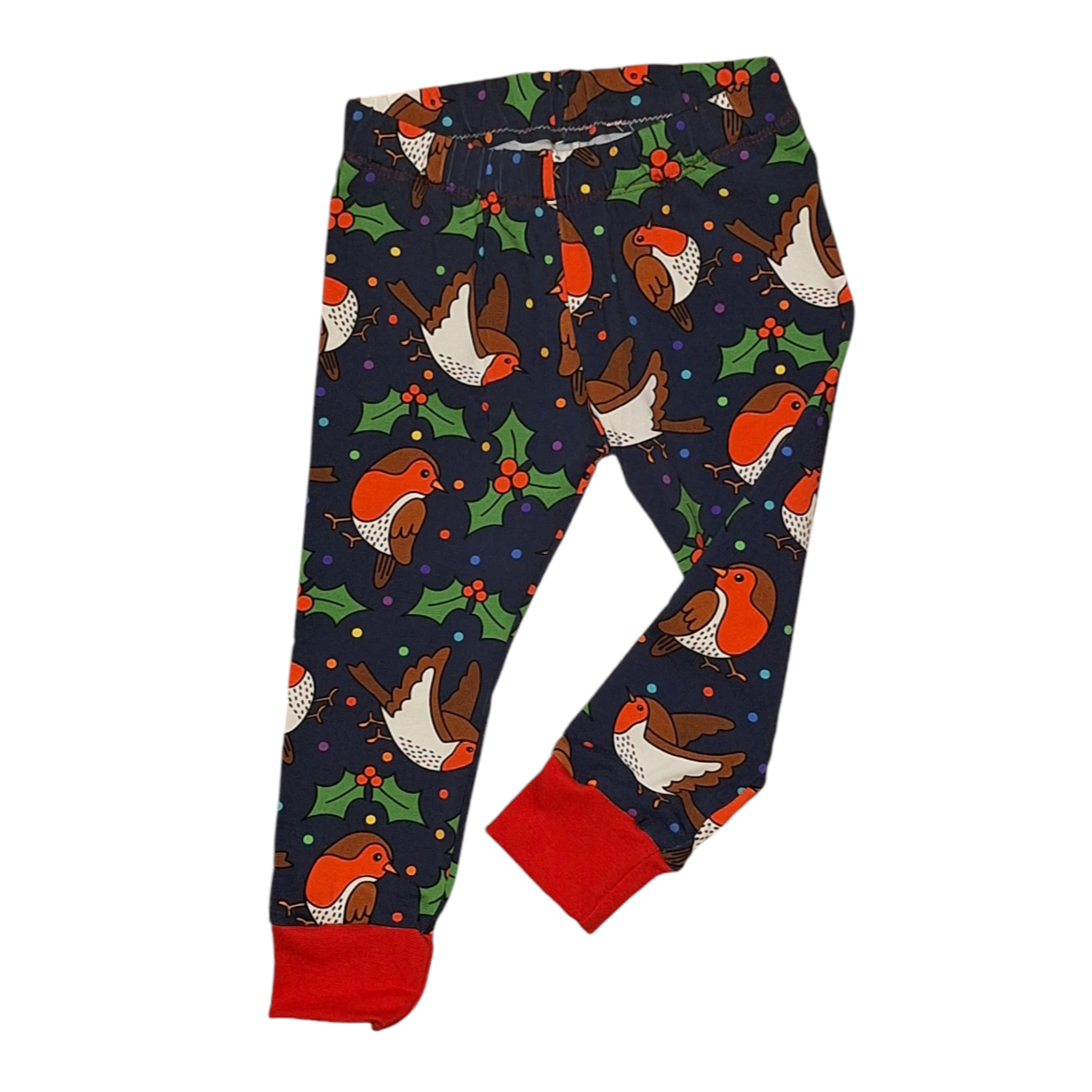 Cuffed leggings for children featuring a robin and holly pattern with red ankle cuffs.