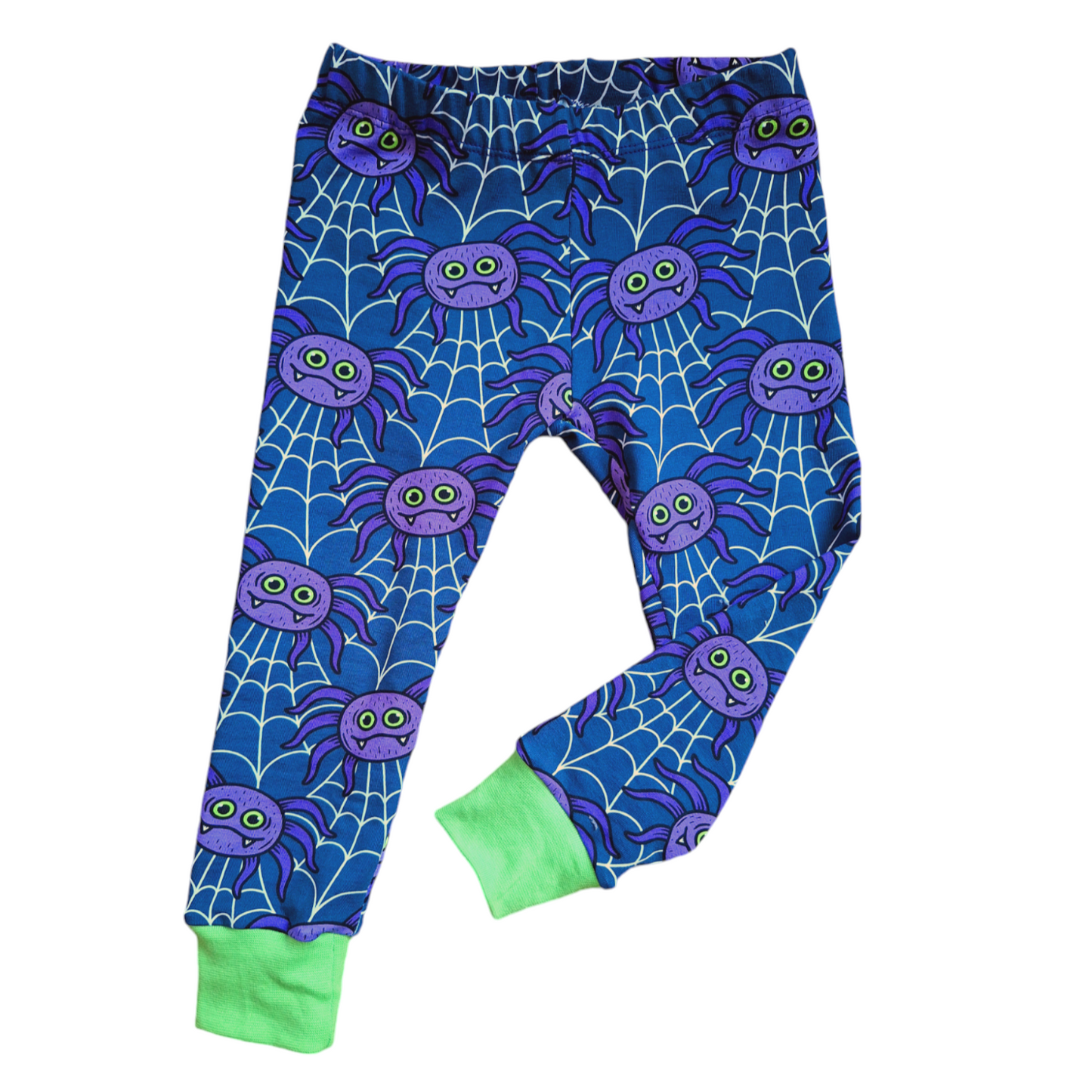 Spider print childrens leggings with green ankle cuffs