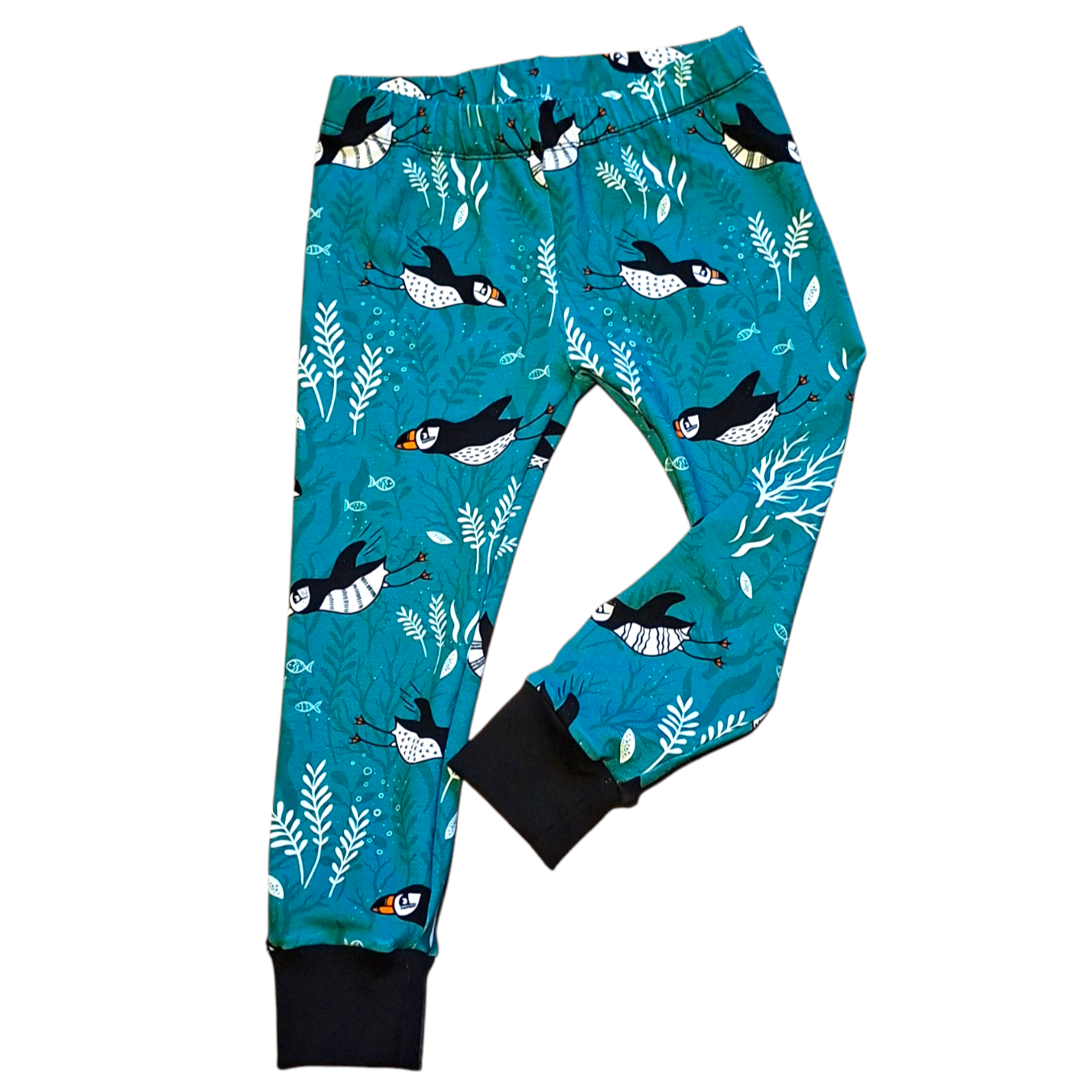Blue, unisex children's leggings in a puffin print