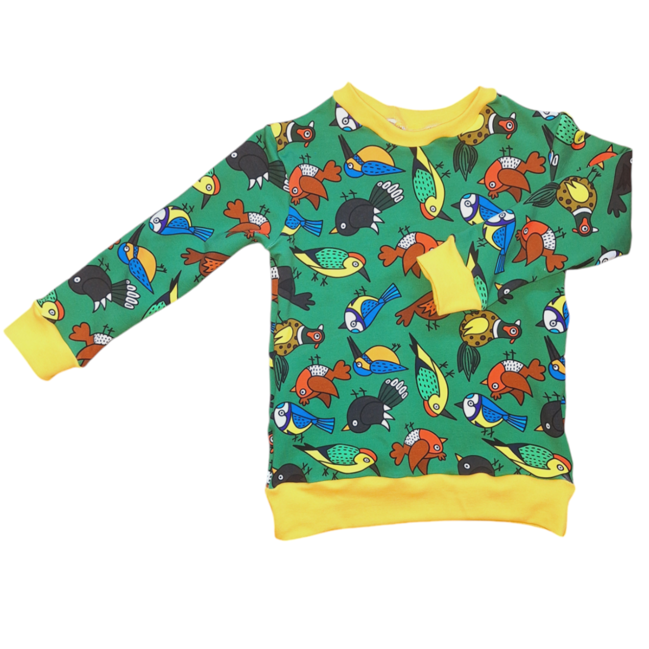 Green childrens jumper featuring British garden birds