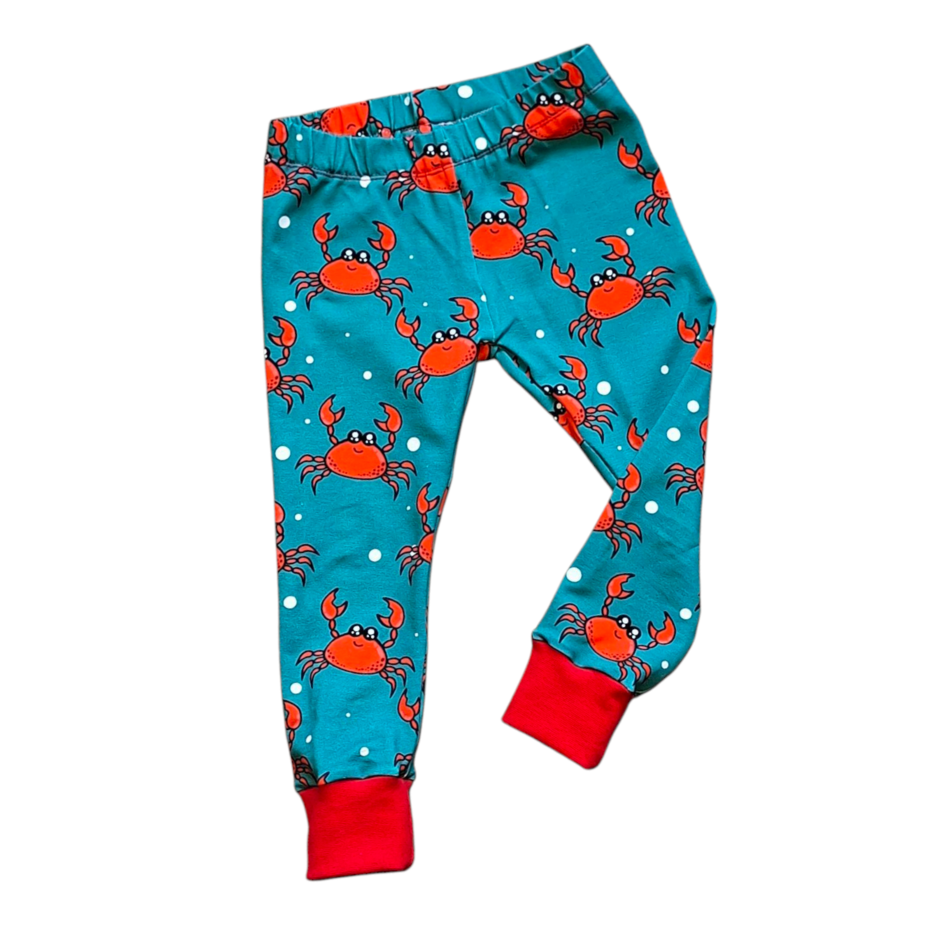 Blue children's leggings with red crabs
