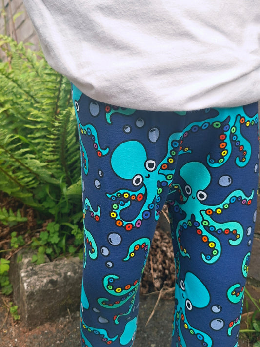 Blue octopus children's leggings with rainbow tentacles