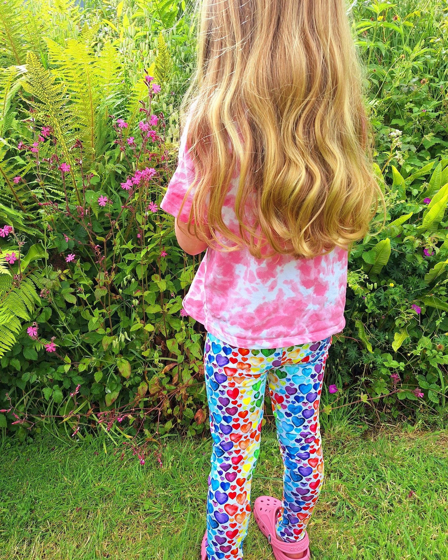 Childrens leggings in a rainbow heart print fabric