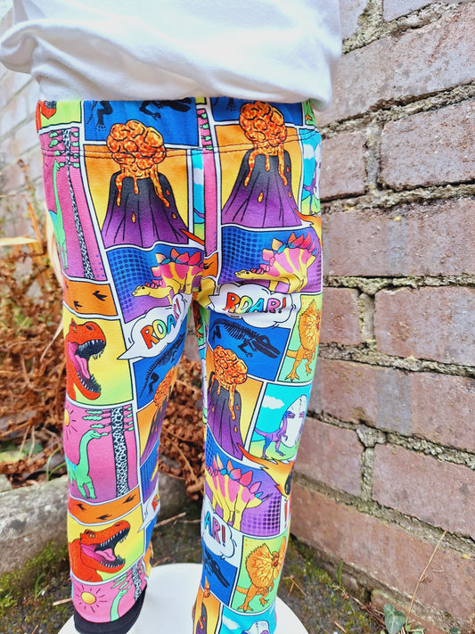 Comic book childrens leggings featuring dinosaurs