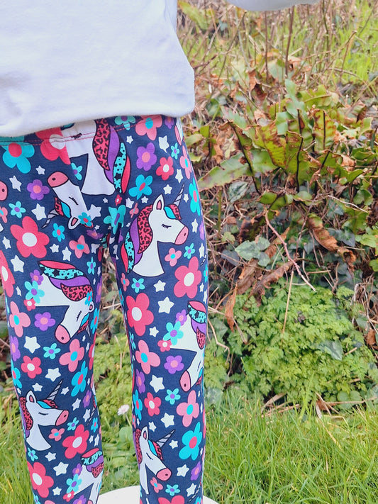 navy blue childrens leggings with unicorns and leopard print