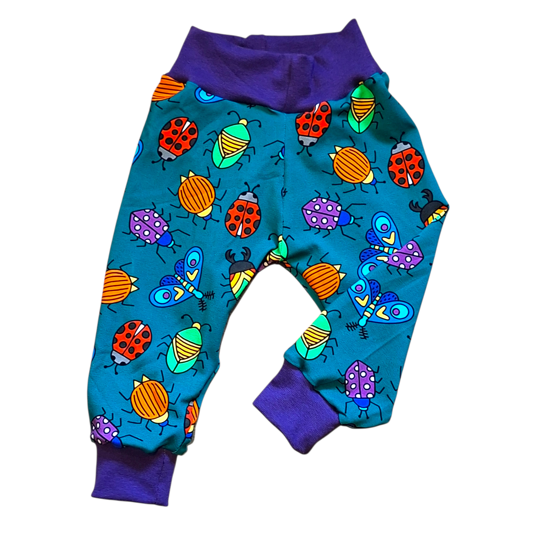 Rainbow beetle print relaxed fit children's trousers, suitable for cloth nappies 