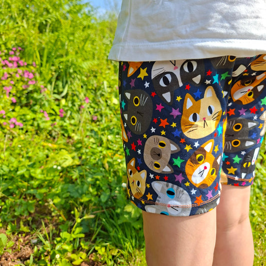 Children's colourful shorts in a fun cat print fabric 