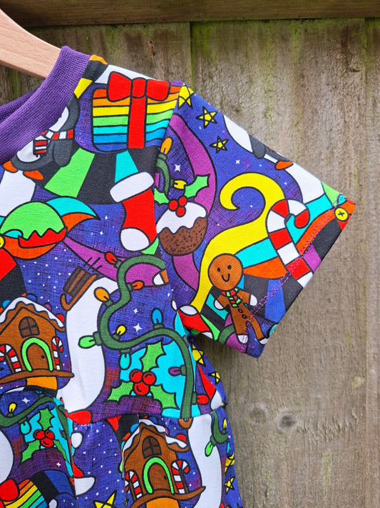 Colorful Christmas fabric on a wooden surface