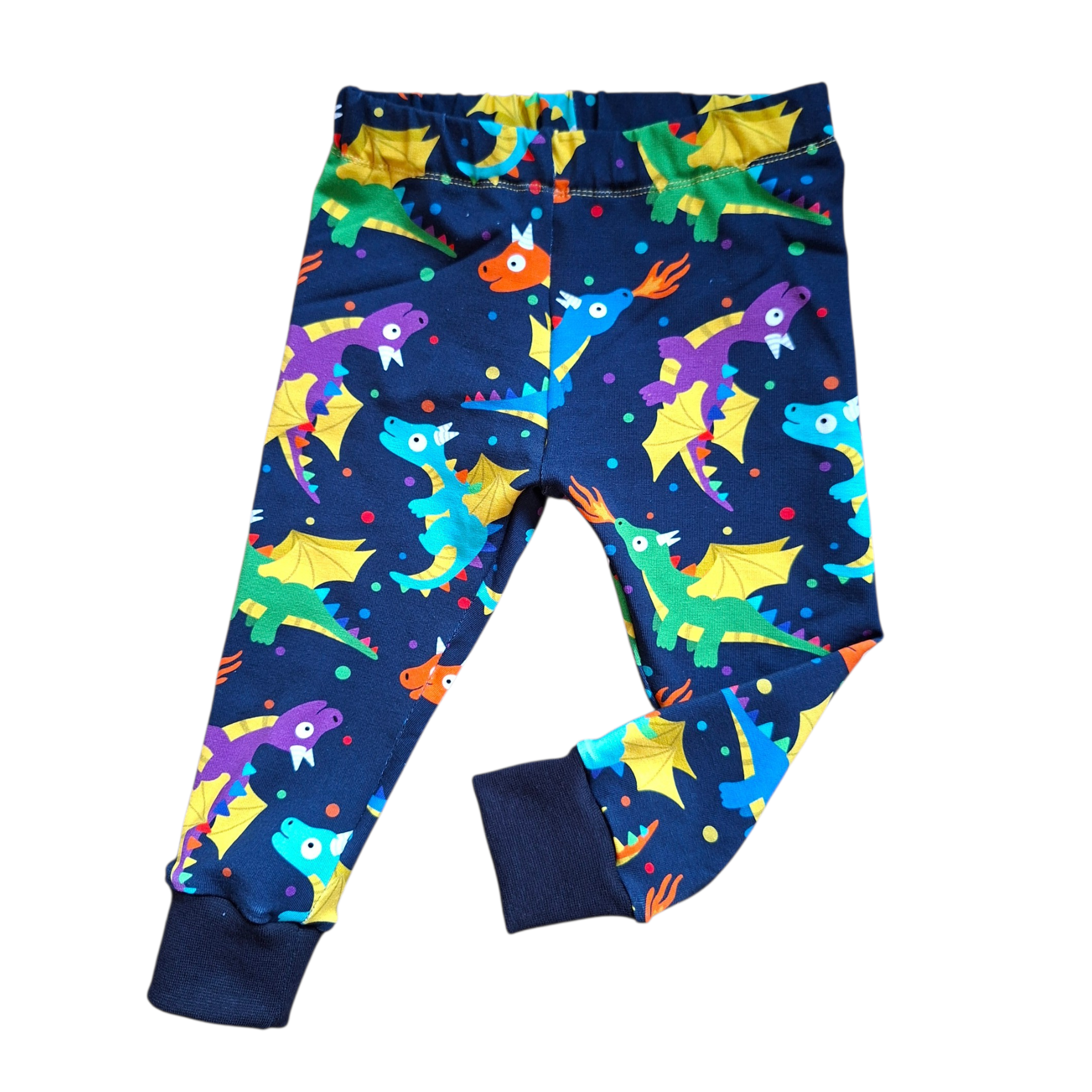 Colorful dragon pants on a blue background