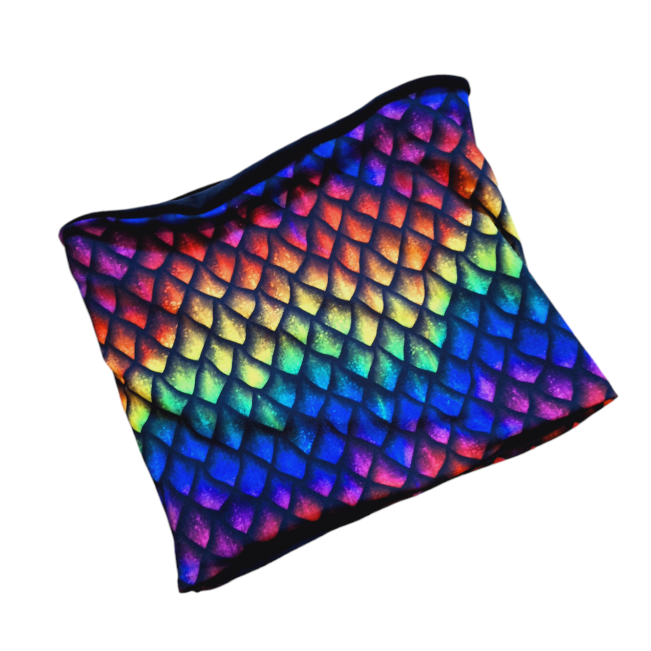 A multicolored snood with a dragon scale pattern.
