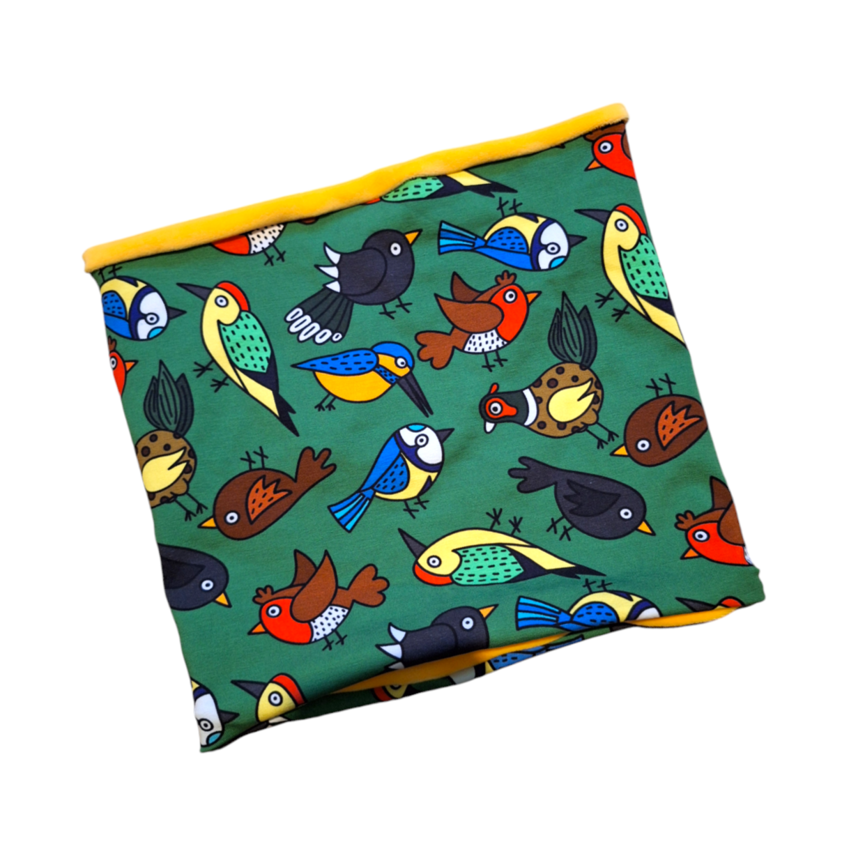 A multicolored neck gaiter with a pattern of various birds on a green background and a yellow edge.