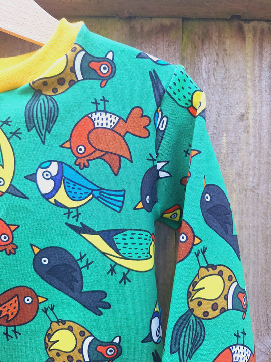 Children's jumper in a green fabric feating a mix of british garden birds
