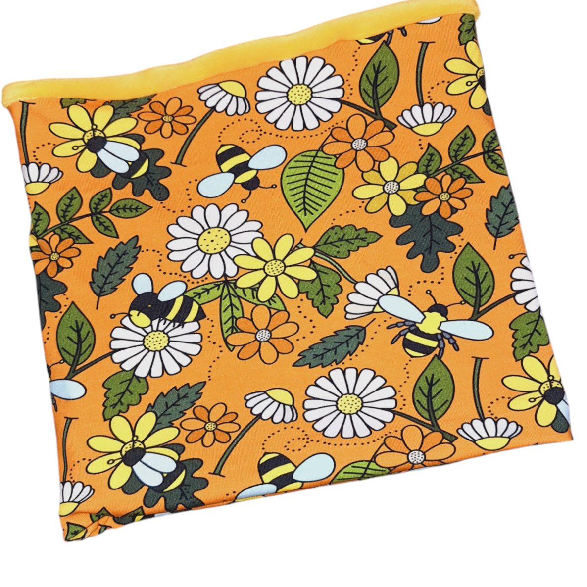 Yellow and orange snood featuring bee design for children and adults