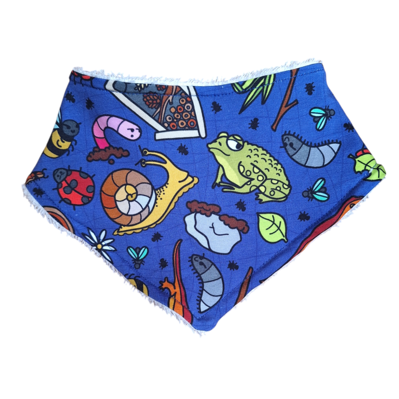 Blue dribble bib with a mix of insects and amphibians 