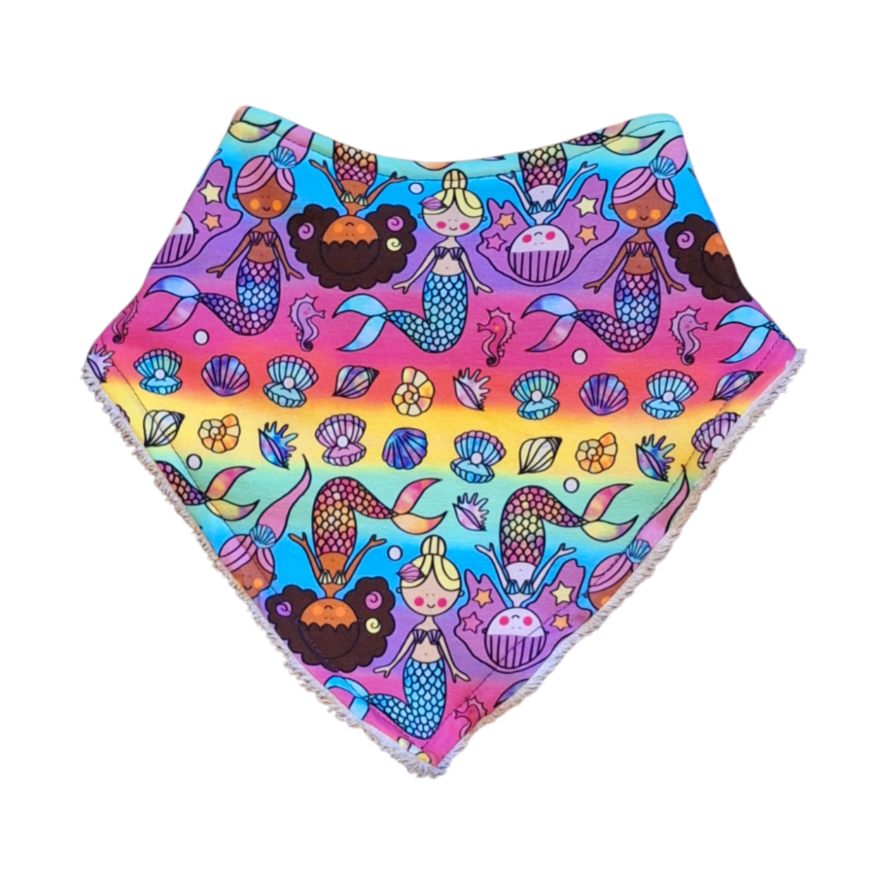 Multicoloured mermaid print childrens dribble bib in a bandana style 